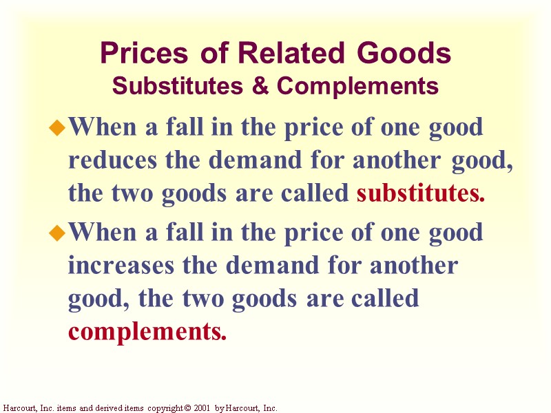 Prices of Related Goods Substitutes & Complements When a fall in the price of